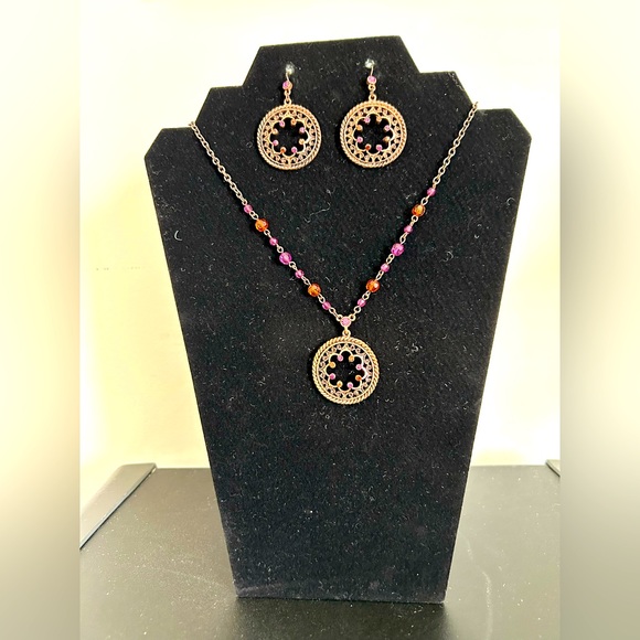 1928 statement necklace and dangle earrings set in pink crystal - Picture 1 of 8